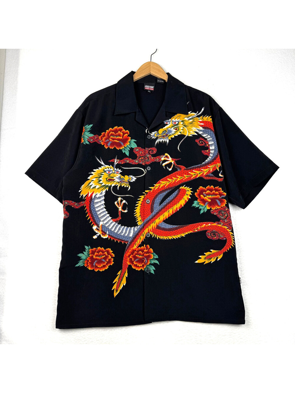 Vintage 90s Y2K Silver Point Mens XL Japanese Dragon Short Sleeve Button Up Shir